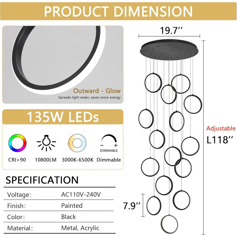 Lustre suspendu Hight, Noir mat