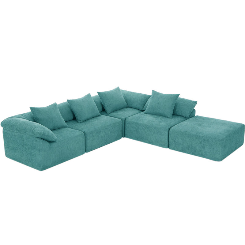 5 - Piece 142" Upholstered L Shape Sofa With Convertible Chaise, Blue