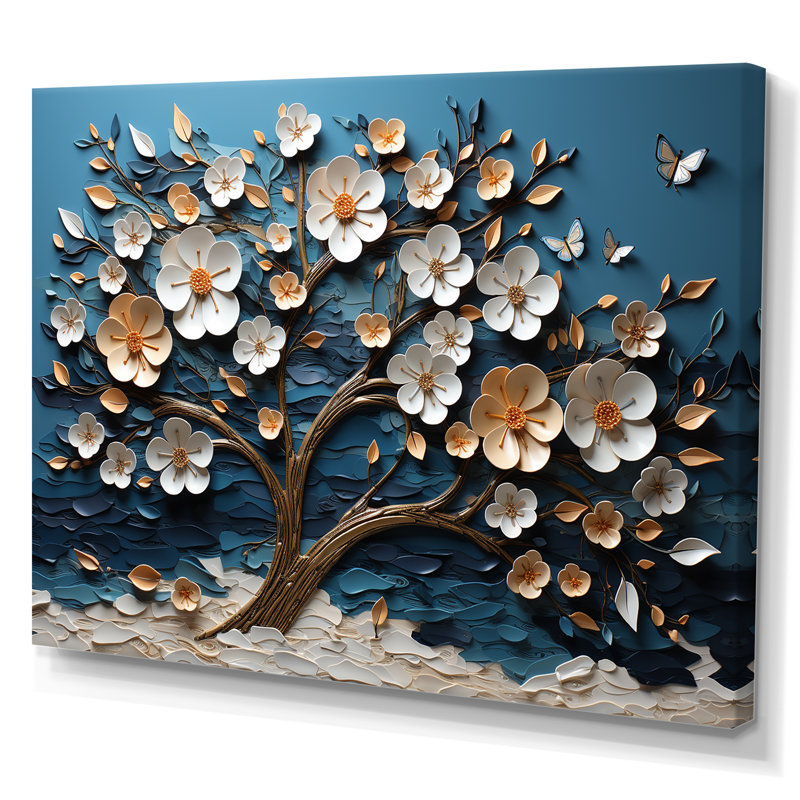 Orchidée bleue et blanche jardin de branches II - art mural arbre, Toile tendue, H 16 po x l 32 po x P 1 po