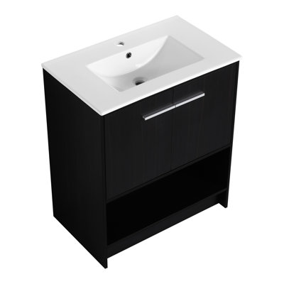 Meuble-lavabo de 30 po avec lavabo en céramique. Armoire autoportante, 2 portes. Contreplaqué de chêne noir. Solide et attrayant. Assemblage facile. Meuble d'évier américain merveilleux, portes à fermeture douce, armoire en chêne. Contreplaqué