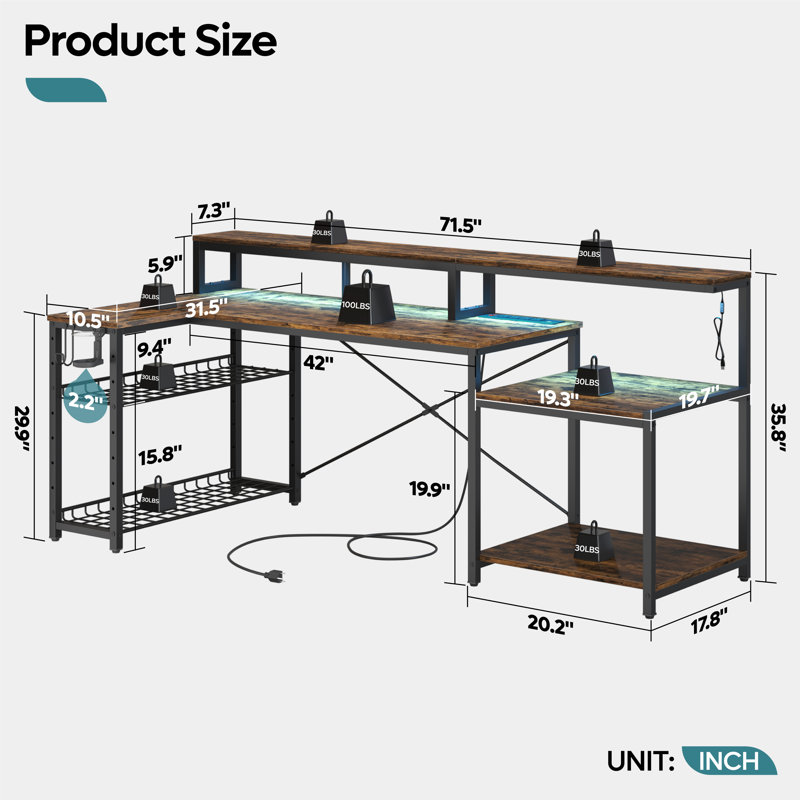 Minaya 71.5" W LED Gaming Desk with Power Outlet, L-Shaped Computer Desk with Monitor Stand, Brown