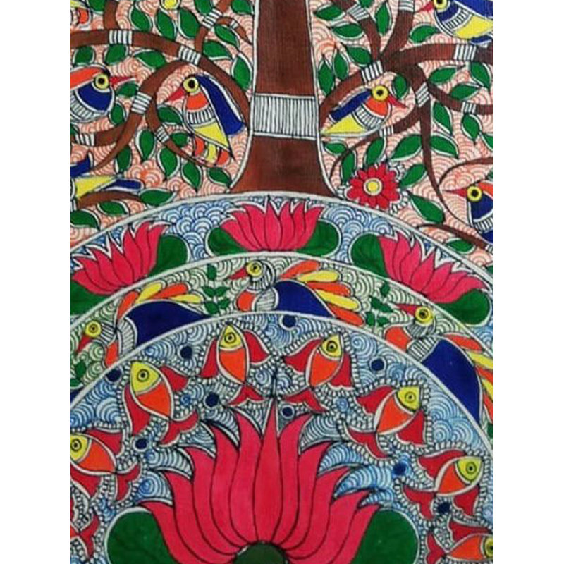 Peinture de Madhubani, arbre et faune | Acrylique sur papier fait à la main | Avec cadre
