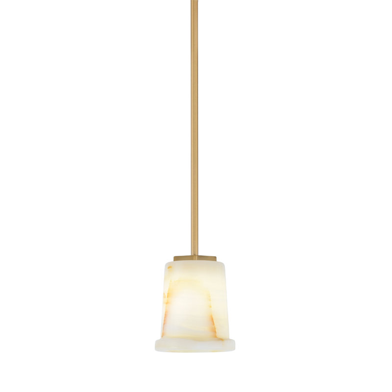 Suspension Ansaldi Stem Hung Mini présentée en finition laiton New Age avec abat-jour en pierre naturelle de 12,7 cm
