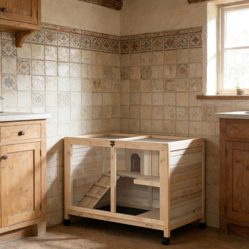 Maison pour lapins pour les petites pièces, portabilité à quatre roues, avant, loquet d'alimentation facile, bois de couleur naturelle
