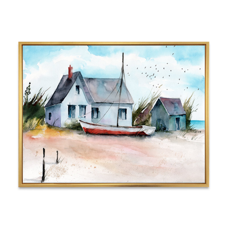 Maison et bateau sur une plage - Peinture sur toile, H 34 po x l 44 po, Toile à cadre flottant doré