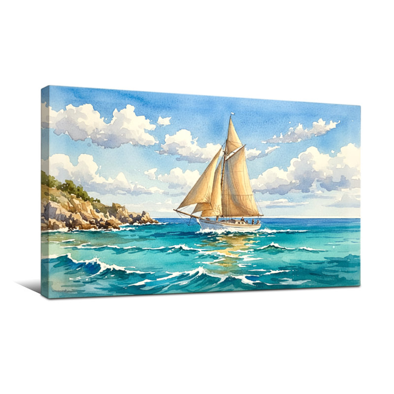 Voilier nautique et plage sur une mer turquoise avec un ciel nuageux, H 24 po x l 48 po