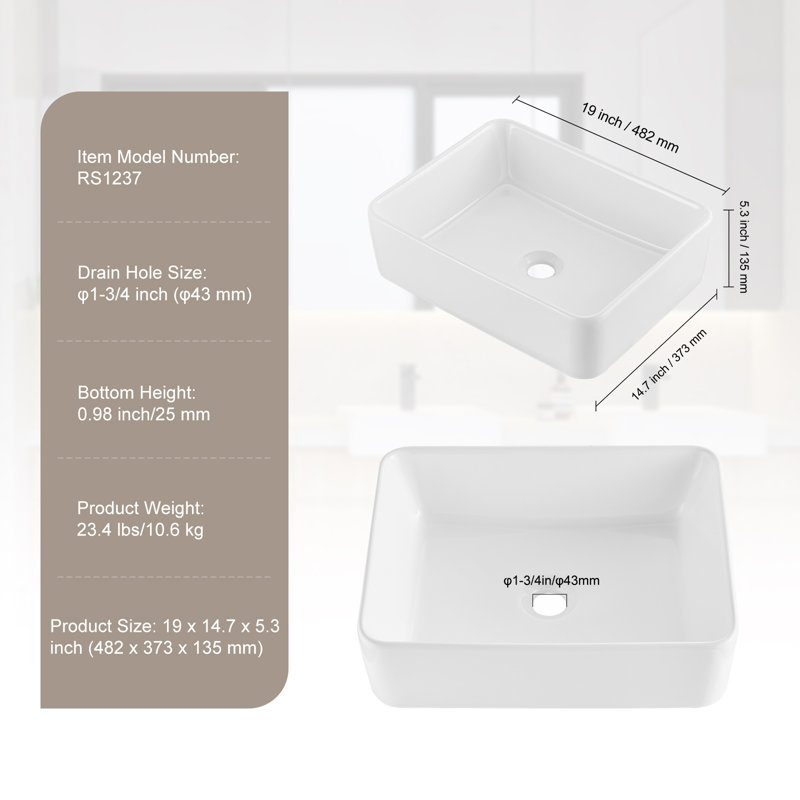 PERFECT 18.98 " 5.3 " Tall Ceramic Bathroom Sink