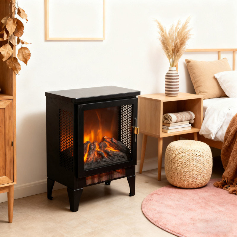 17" Freestanding Electric Fireplace Heater With Realistic 3D Flame Effect, Classic Wood Stove Design, Antique Black