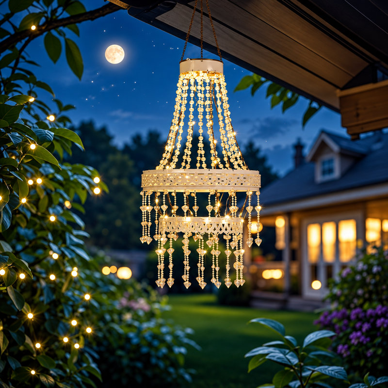 Outdoor Solar Hanging Chandelier with Crystal Acrylic Beads, White Iron LED Patio Light
