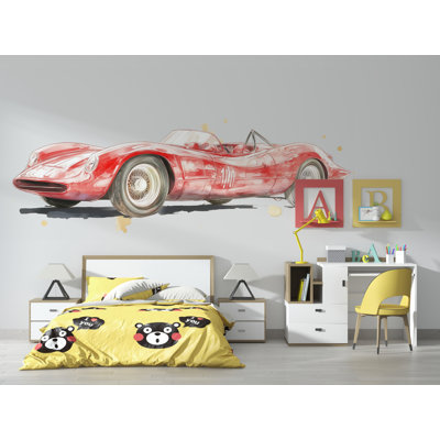 Vintage Race Car Wall Mural Kids Room Watercolor Car Nursery Decor 266Mv
