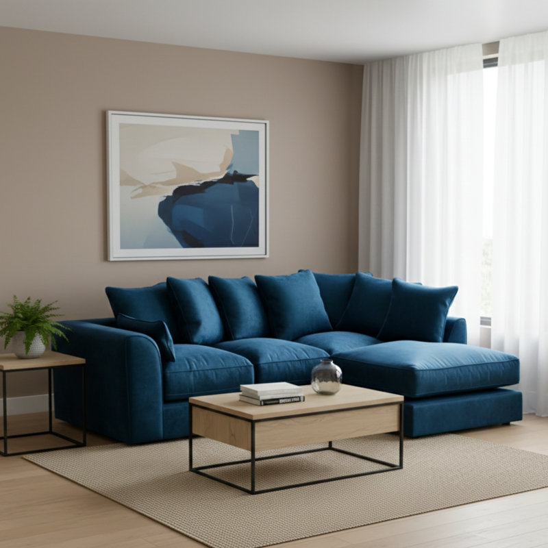 4 Seater Velvet Sofa & Chaise, Blue, Right
