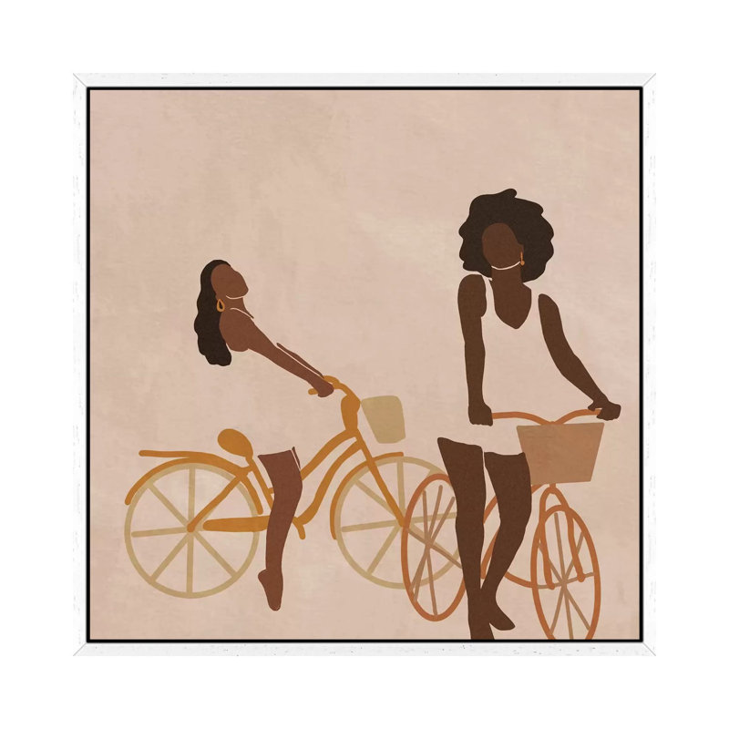 Biking by Sarah Dahir - Painting on Canvas, 45.72cm H x 45.72cm W x 3.81cm D, White Floater Framed