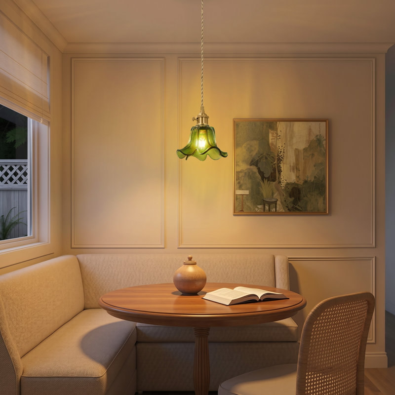 1-Light Flower Glass Pendant Light, Adjustable Brass Hanging Lamp for Kitchen Island