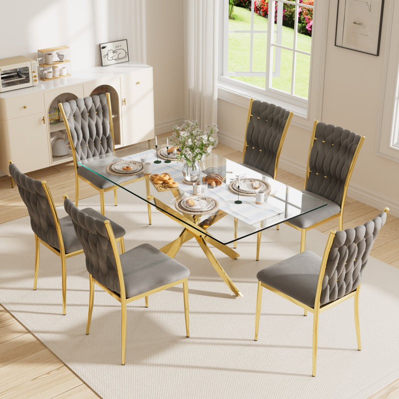 Ensemble de table rectangulaire 63 "en verre trempé 63", 7, Gris/doré