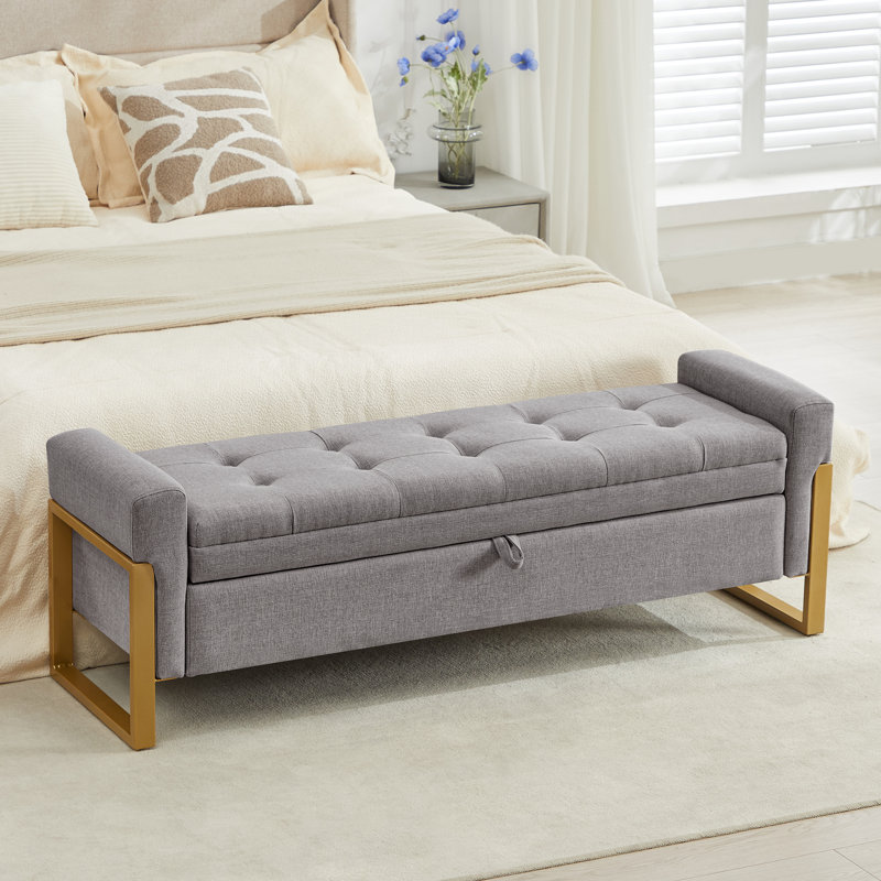 Repose-pieds de rangement rectangulaire capitonné de 57 po de largeur, Lin gris