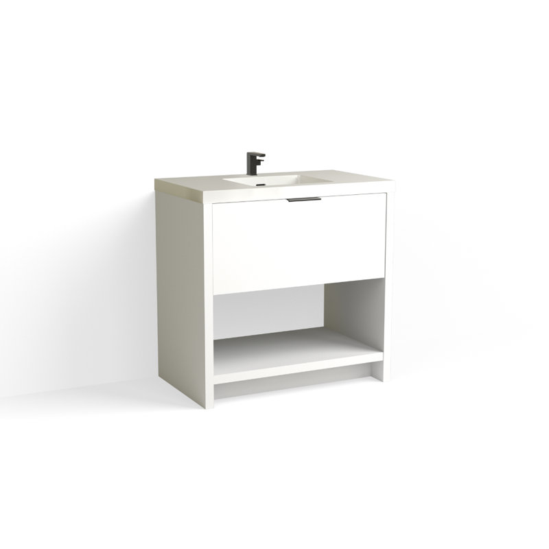 Vista 36" W Freestanding Single Bathroom Vanity, Single-Hole, White Gloss, White Nanomatte/Matte Black