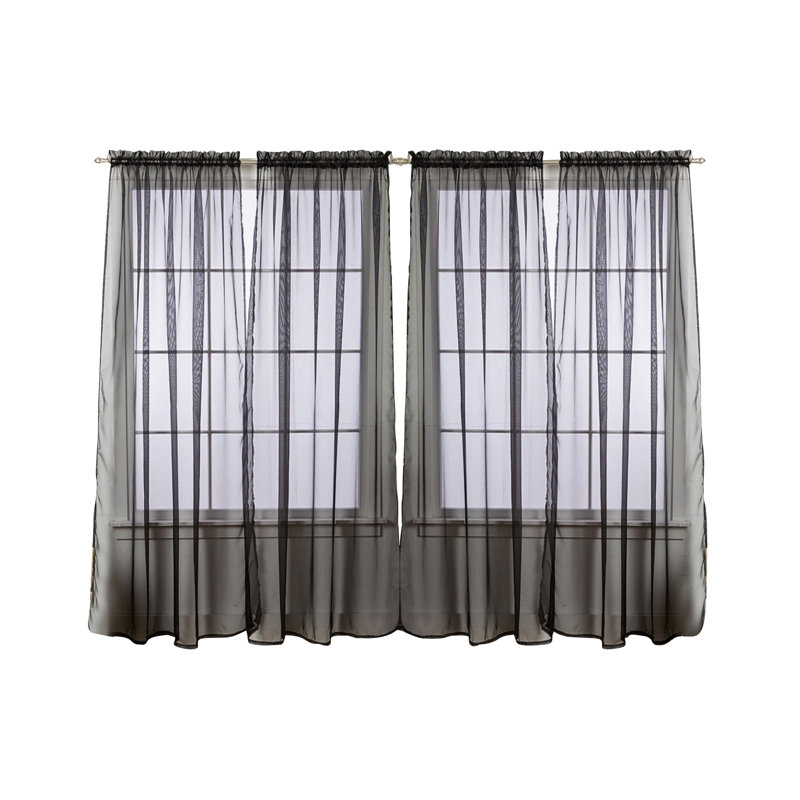 Panneaux de rideaux transparents de couleur unie avec passe-tringle, Noir