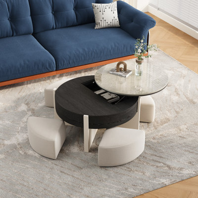 Yvelle 31.5" Faux Marble Round Coffee Table with 4 Hidden Seats for Living Room