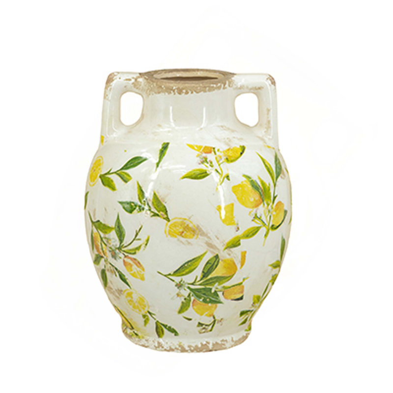 Vase en céramique avec poignées et motifs naturels pour décor de table et vignettes