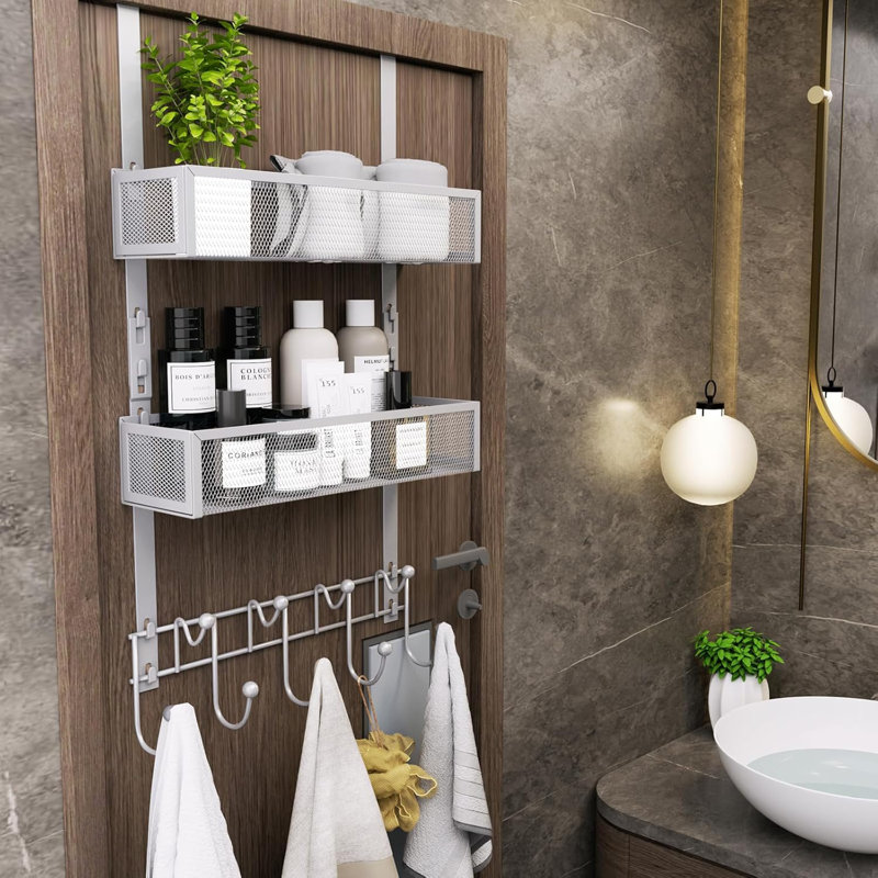 Rangement au-dessus de la porte avec 9 crochets et 2 paniers en maille - Rangement suspendu en acier inoxydable robuste pour la salle de bain, la chambre à coucher et la cuisine