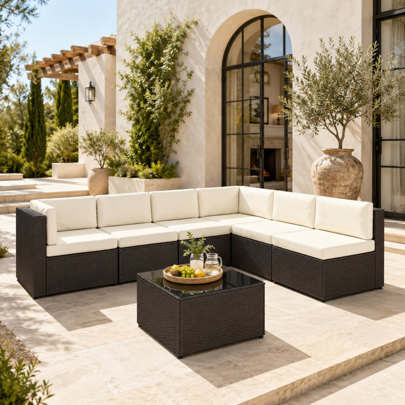 Ensemble de conversation pour meubles d'extérieur, ensemble de meubles de plage 7 pièces, ensemble de meubles modulaires en rotin