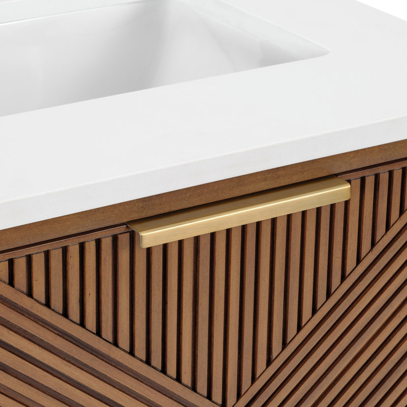 Diamond 24 in. Single Vanity, White Quartz, Walnut, Satin Brass