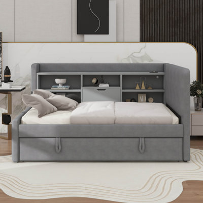 Twin-Size Fabric-Upholstered Daybed With Trundle, Integrated Storage Racks, USB Charging Stations, And Power Outlets