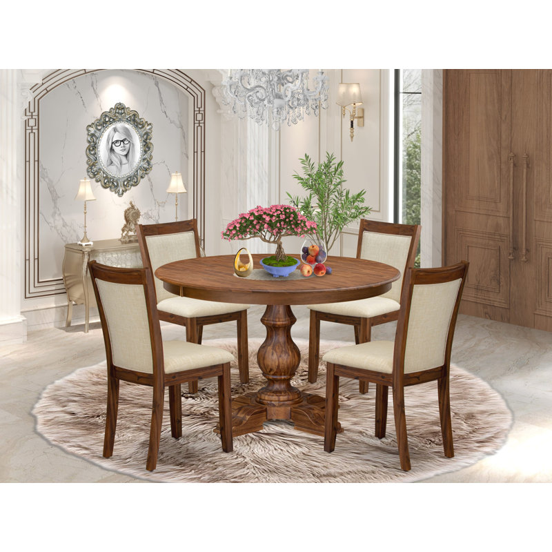 7-Pc Dining Set consists of a Pedestal Dinner Table and 6 Light Tan Linen Fabric Padded Chairs with Padded Back- Antique Walnut Finish