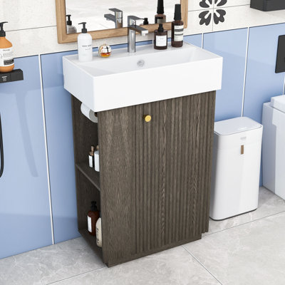 Meuble-lavabo contemporain en bois compact avec lavabo en céramique, tablette de rangement et porte à fermeture en douceur