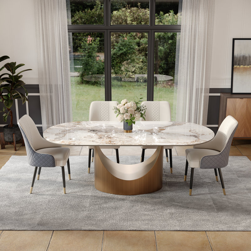 Modern Minimalist Oval Dining Table with Sintered Stone Tabletop & U-Shaped Leg for 6 to 8, Perfect for Kitchen and Living Room
