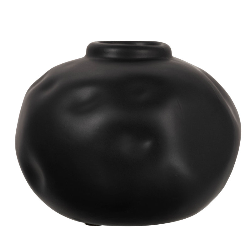 Idalou Round Coarse Terracotta Organic Shaped Vase with Volcano Finish, Black