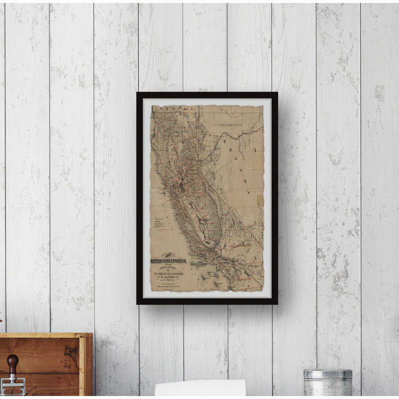 California Vintage Map - Reproduction d'art graphique sur papier encadré, H 30 po x l 20 po x P 1,5 po