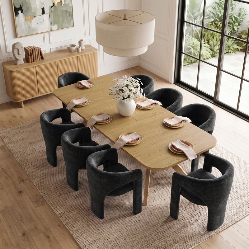 Ensemble de table de salle à manger extensible en placage de bois de 78" à 96" avec 8 fauteuils sculpturaux en chenille