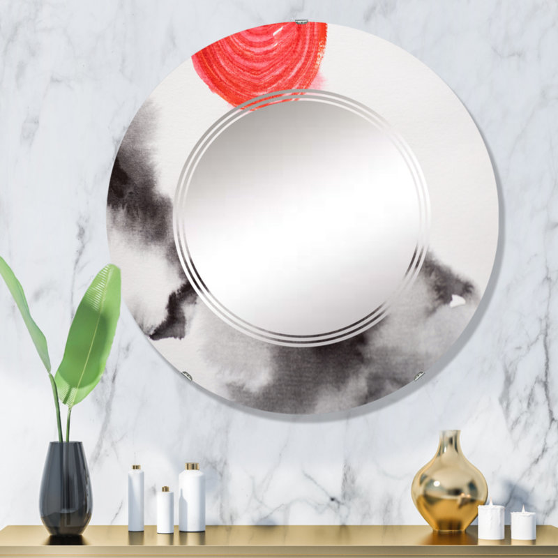 Miroir mural traditionnel japonais avec des collines et un soleil rouge, 32 po x 32 po