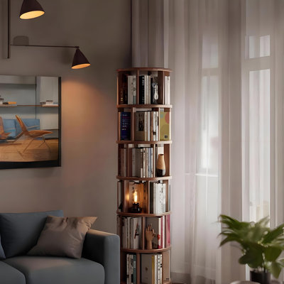 77.56" H x 17.32" W Solid Wood Rotating Bookshelf, 360° Swivel Floor-Standing Storage, Multi-Tier Narrow Corner Bookcase with Wheels