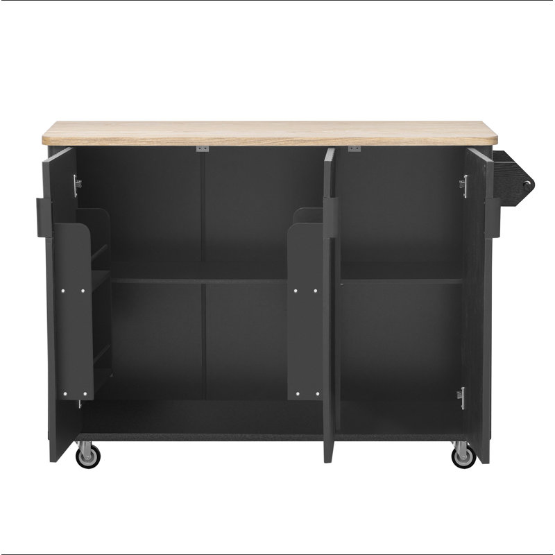 51" Fluted Kitchen Island with Drop Leaf, Farmhouse Accent Kitchen Island on Wheels with Internal Storage Rack, Rolling Kitchen Cart with Towel Rack for Kitchen, Dining Room Ash