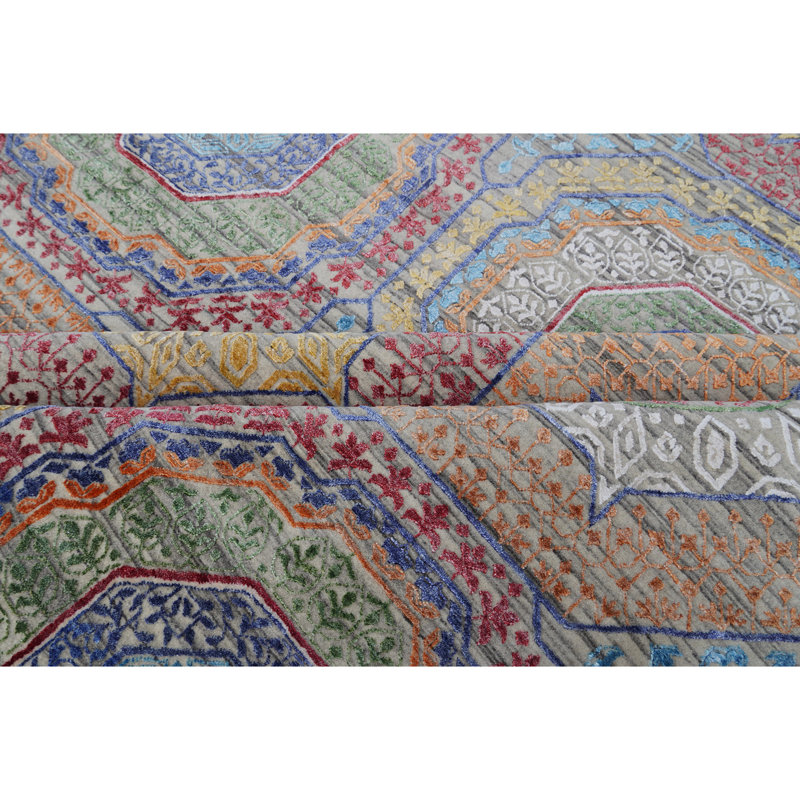 Tapis beige et multicolore de haute qualité noué à la main, Rectangle 8 pi x 10 pi