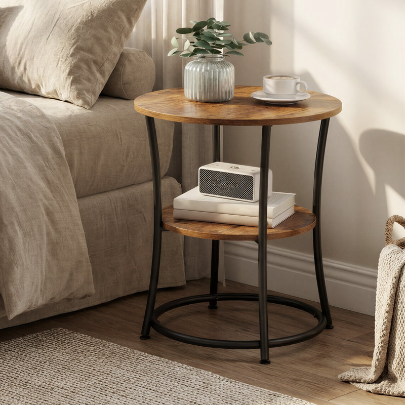 Rolande 22.1" W Round End Table with Storage Shelf, Rustic Brown/Black
