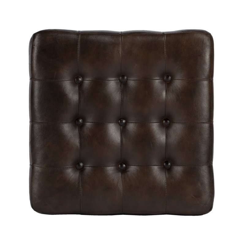 Leon Button Tufted Leather Ottoman, Dark Brown Genuine Leather