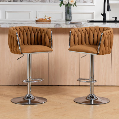 Ensemble de 2 tabourets de bar pivotants à revêtement en tissu à 360°, hauteur réglable, dossier et repose-pieds tissés, finition chromée, pour îlot de cuisine, café, pub (CARAMEL)