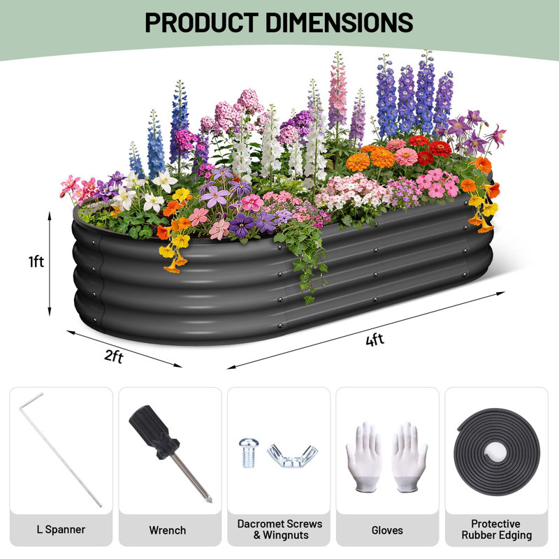 4 x 2 x 1 FT Raised Garden Bed, Galvanized Oval Planter, Rubber Edge, Outdoor, Dark Gray, 2 PCS, Gray