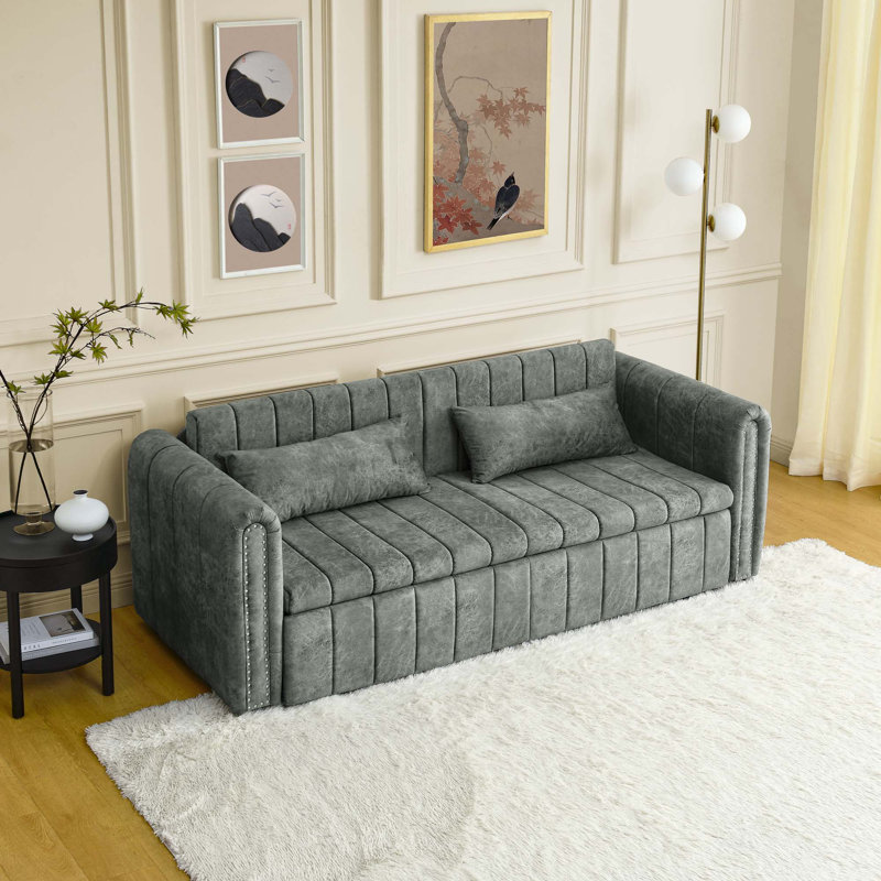 Canapé-lit 3 en 1 coulissant, canapé-lit rembourré moderne à 3 places et accoudoirs roulés décorés de clous en cuivre, futon convertible à 3 places avec deux tiroirs et deux coussins