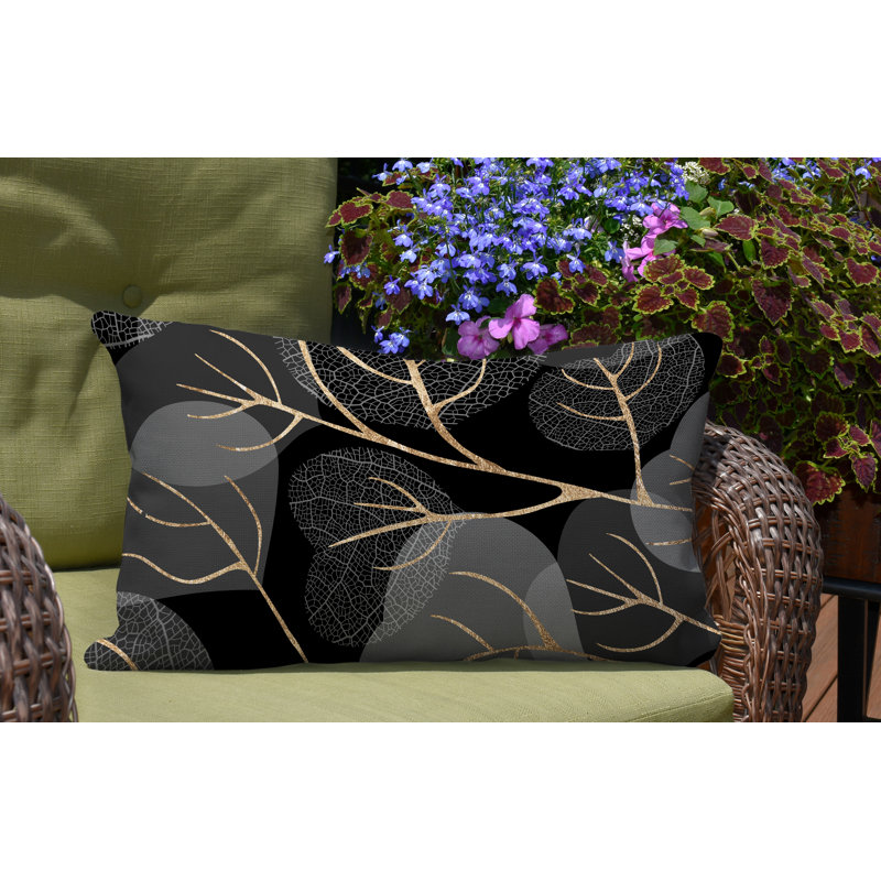 Coussin lombaire intérieur / extérieur Baka Leafs, Noir / or