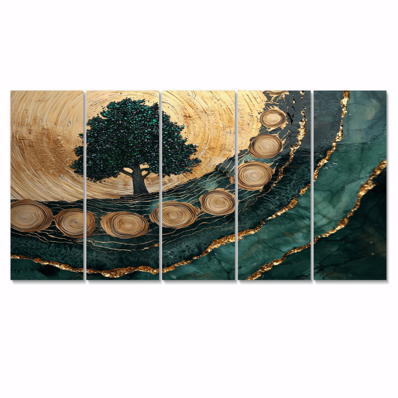 Forêt de pins, paysage sur Emerald Horizon III - Art mural forêt - Art mural traditionnel pour le salon, 5 pièces
