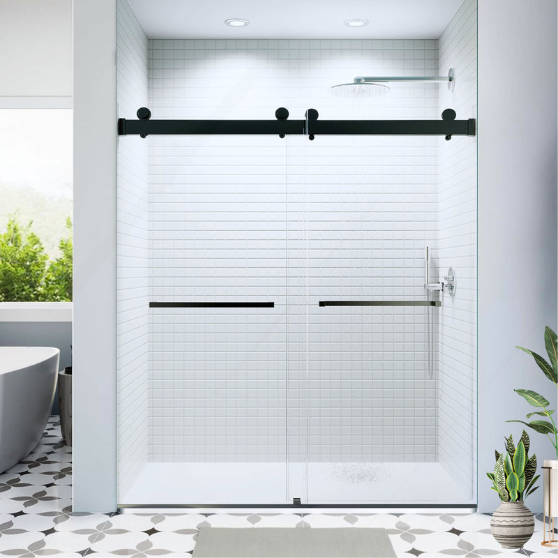 56-60 * 76 pouces Double porte de douche coulissante sans cadre à fermeture en douceur avec verre trempé épais de qualité supérieure (8 mm) et revêtement facile à nettoyer