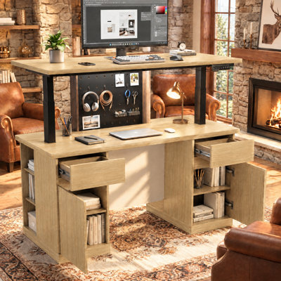 54.3"W Electric Sit-Stand Desk with Dual-Tier Worksurface & Storage
