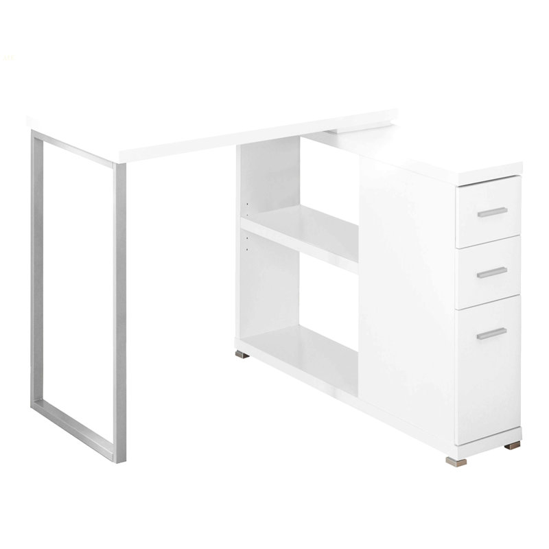 Bureau d'ordinateur, bureau personnel, coin, gauche, configuration à droite, tiroirs de rangement, forme en L, travail, ordinateur portable, stratifié blanc, métal gris, contemporain, moderne