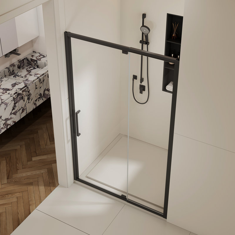 44-48" W X 72" H Scalable Adjustable Frame Shower Door With 1/4"(6Mm) Clear SGCC Tempered Glass,Transparent Safety Film For Glass,Aluminium Alloy Matte Black Finish ,Reversible Installation