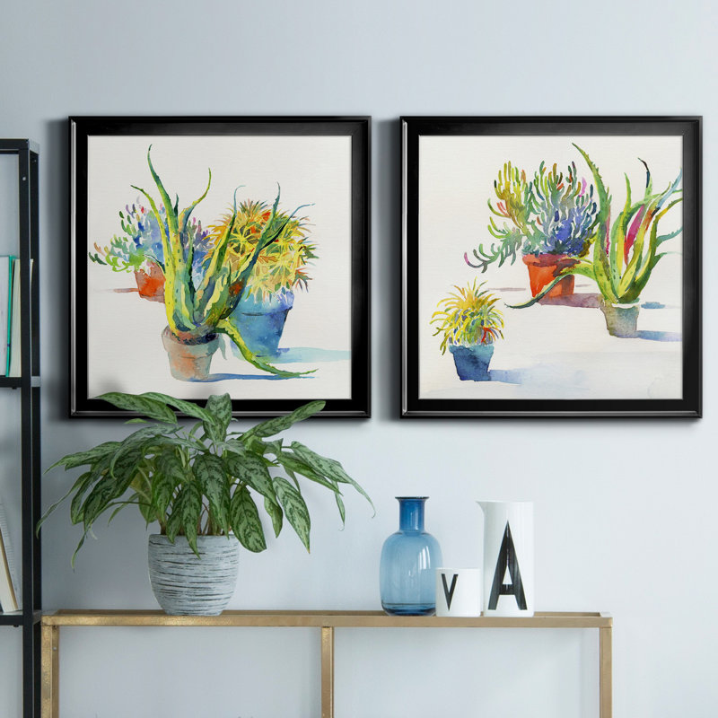 «Succulent Trio I», peinture sur toile 2 pièces, H 30,5 po x l 61 po x P 1,5 po, Cadre noir