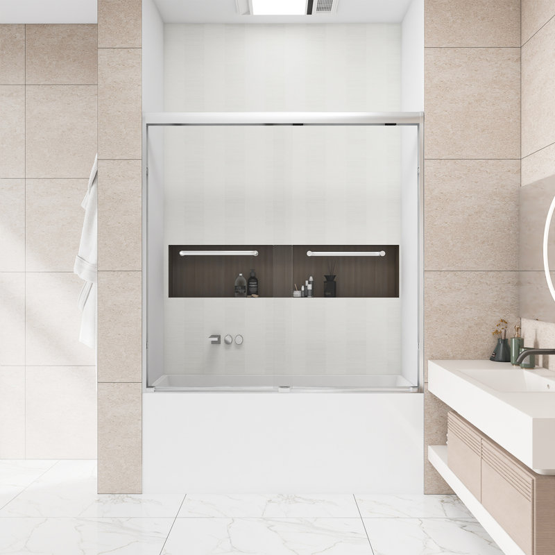 56-60" W × 60" H Aluminum Frame Double Sliding Bathtub  Shower Door | 1/4 Inch Tempered  Glass With Explosion-Proof Film | Stainless Steel  Handle | Brushed Nickel
